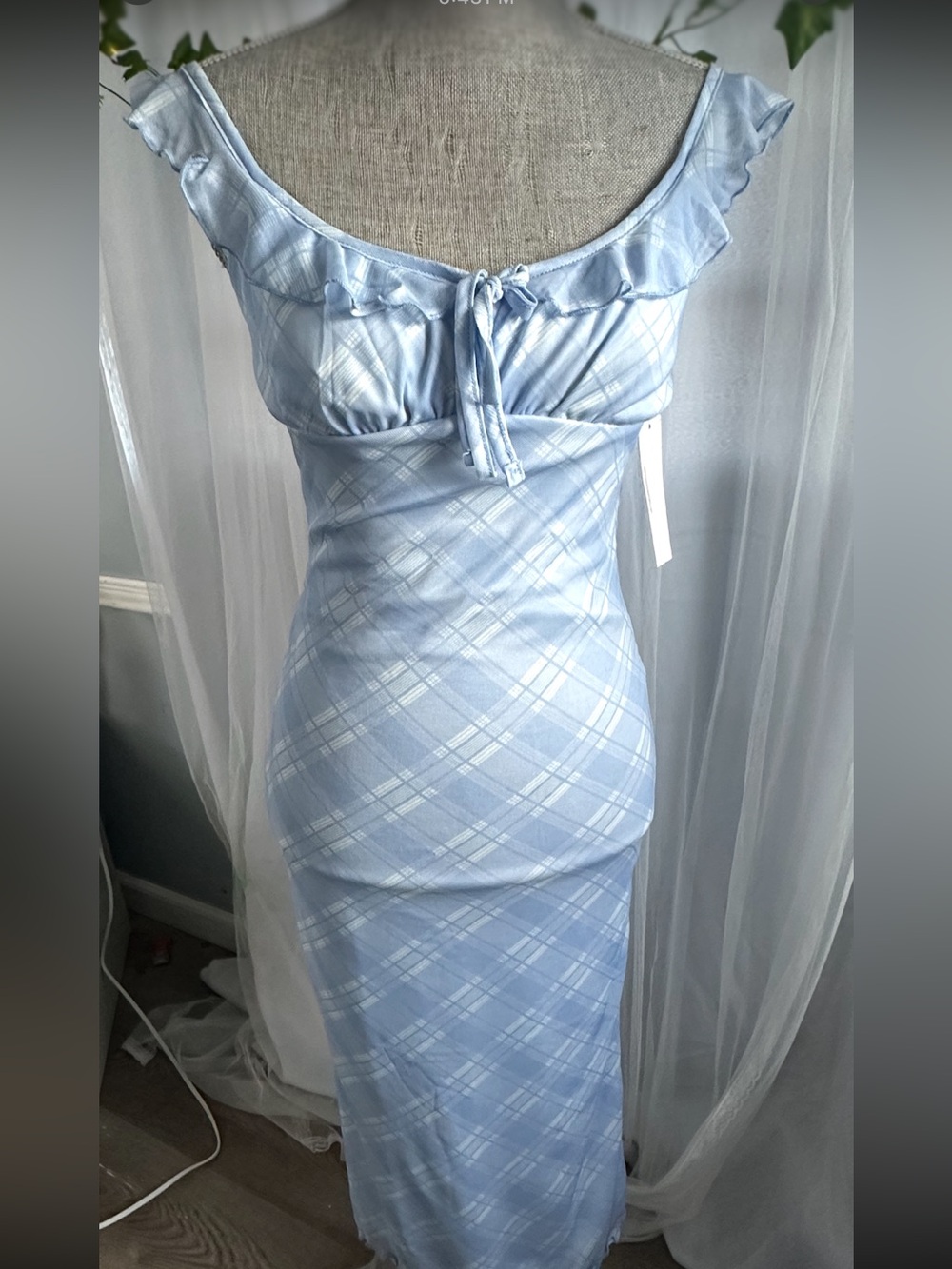 Heart Hips Light Blue Plaid Ruffle-Trim Maxi Dress